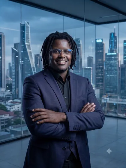 Headshot of Ludenyo Wangia against a futuristic skyline